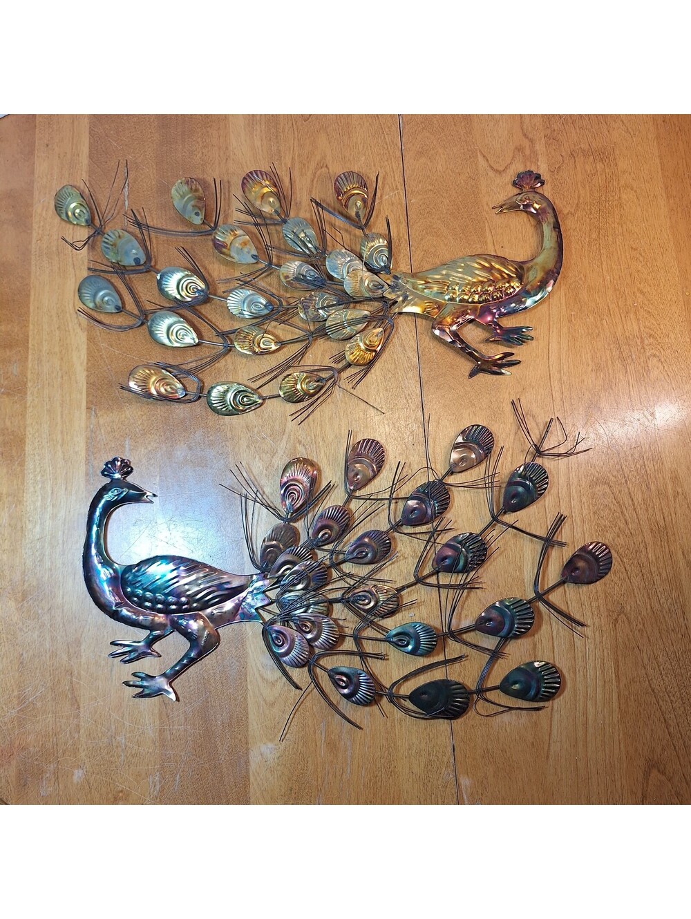 Pair of Vintage Peacock Metal Wall Hangings Birds Hong Kong MCM Collectible